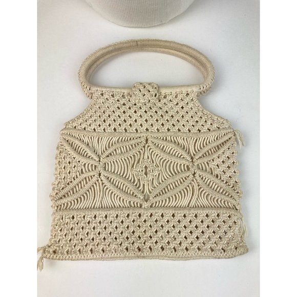 *Boho Small Macrame Purse Double Wood Handles Button Closure Lined - Picture 3 of 6